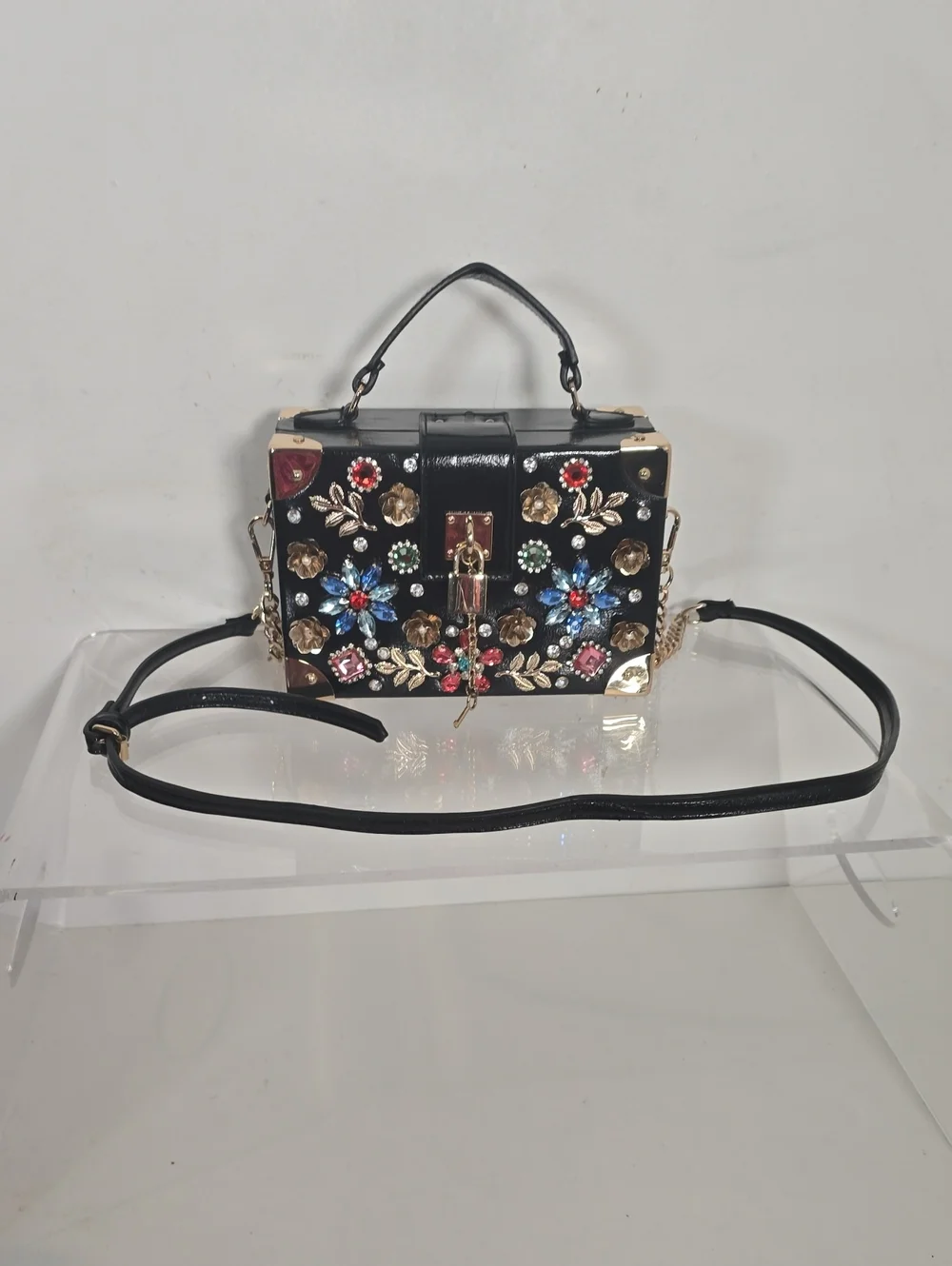 ALDO Embellished Black Floral Jeweled Box Bag - Picture 1 of 7